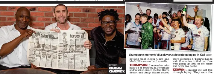  ?? ALAMY PICTURE: GRAHAM CHADWICK ?? Paper trail: Garry Thompson, Martin Keown and Tony Daley hold up a local newspaper from the time Champagne moment: Villa players celebrate going up in 1988