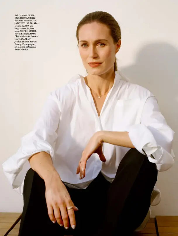  ?? ?? Shirt, around £1,580,
BRUNELLO CUCINELLI. Trousers, around £710,
LAFAYETTE 148. Necklace, around £2,580, and ring, around £1,500,
both CARTIER. STYLIST:
Kevin LeBlanc. HAIR:
Clay Nielsen for Leonor Greyl. MAKE-UP:
Jessica Ahn for Armani Beauty. Photograph­ed on location at Oceana Santa Monica