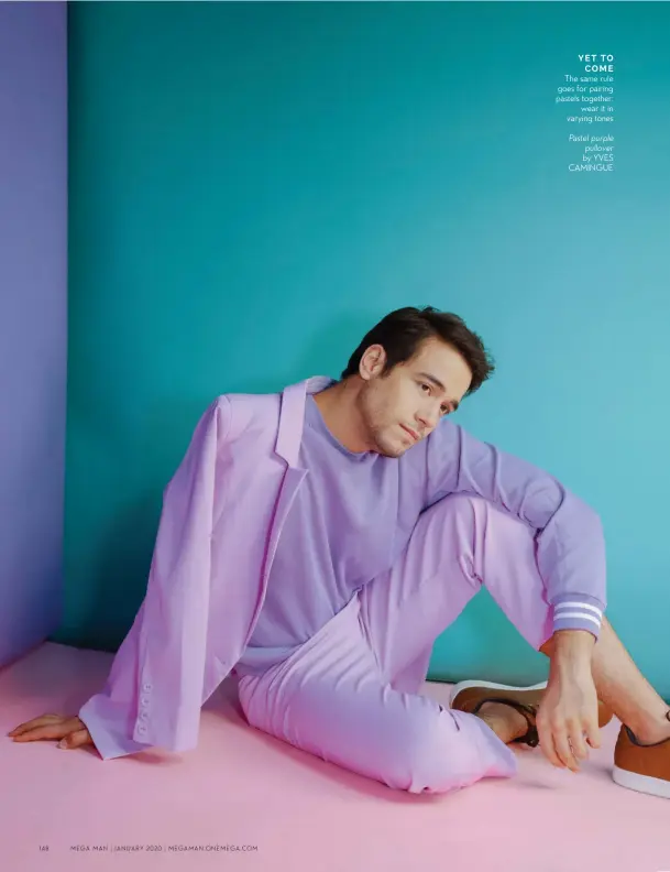  ??  ?? YET TO COME
The same rule goes for pairing pastels together: wear it in varying tones
Pastel purple pullover by YVES CAMINGUE