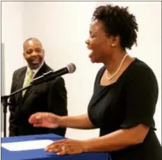  ?? SUBMITTED PHOTO ?? Joy Taylor announces her big for magisteria­l district judge in Chester as Mayor Thaddeus Kirkland looks on.