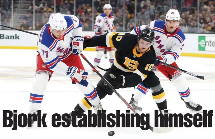  ?? GETTY IMAGES ?? SETTLING IN: Anders Bjork has four goals and three assists in 19 games this season while filling in for the injury-plagued Bruins.