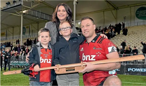  ?? GETTY ?? Wyatt Crockett with wife Jenna and sons Sonny and Emmett, after notching up his 200th Super Rugby match.