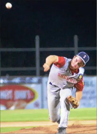  ?? JOHN BREWER - ONEIDA DAILY DISPATCH ?? Sherrill Post 230starter Blake VanDreason works from the hill during the fifth inning of Friday’s American Legion District 5playoff tilt against Adrean Post.