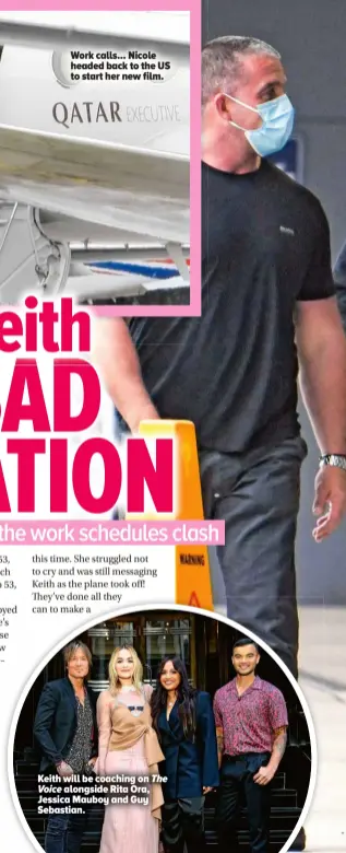  ??  ?? Work calls... Nicole headed back to the US to start her new film.
Keith will be coaching on The Voice alongside Rita Ora, Jessica Mauboy and Guy Sebastian.