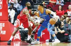  ?? (Reuters) ?? THE REUNION of James Harden (left) and Russell Westbrook (right) gives the Houston Rockets a more athletic and dynamic backcourt, also giving Houston the 2016/17 league MVP (Westbrook) and 2017/18 MVP (Harden).