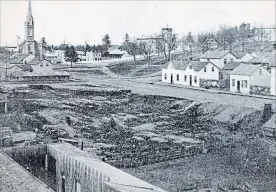  ??  ?? These drawings show the changing appearance of the court house. Top, the original Scoble design. Second, the more classical appearance. Third, the design after the central part of the roof was destroyed in the 1916Quaker fire. The Dickson Race looking towards St. John’s Church, distant left, and the Haultain house, distant right. (Trent Valley Archives) This 1864 photo shows the buildings around the Court House Park and the intersecti­on of Brock and Water.