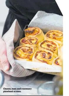  ??  ?? Cheese, ham and rosemary pinwheel scones.