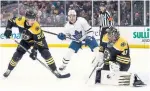  ?? WINSLOW TOWNSON THE ASSOCIATED PRESS ?? Boston Bruins goaltender Jaroslav Halak makes a save as Toronto Maple Leafs' Zach Hyman looks for the rebound on Saturday in Boston.