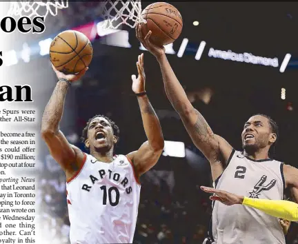  ?? AP ?? DeMar DeRozan (left) and Kawhi Leonard switch teams in an All-Star swap.