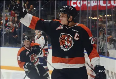  ?? NEWS PHOTO RYAN MCCRACKEN ?? Medicine Hat Tigers captain Mark Rassell celebrates after scoring a goal in a Western Hockey League game against the Regina Pats on Oct. 6, 2017 at the Canalta Centre.