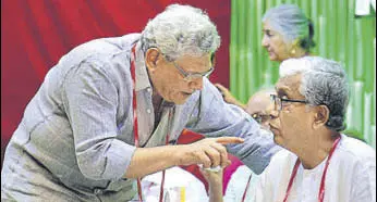  ?? PTI PHOTO ?? CPI(M) general secretary Sitaram Yechury (left) with Tripura former chief minister Manik Sarkar at the party’s Congress session in Hyderabad on Sunday.