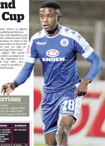  ?? / ANTONIO MUCHAVE ?? SuperSport United midfielder Teboho Mokoena will join Amajita in South Korea later.