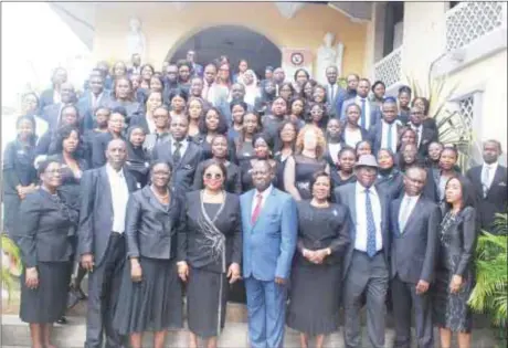  ??  ?? Lagos State Chief Judge, Hon. Justice Opeyemi Oke, flanked by the Admin Judge Lagos Island, Hon. Justice, Mr. Kazeem Alogba, Chief Registrar, Mrs. D.T. Olatokun, members of the Judicial Service Commission and the new Registrars after the workshop