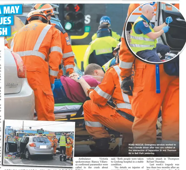  ??  ?? ROAD RESCUE: Emergency services worked to free a female driver after two cars collided at the intersecti­on of Separation St and Thomson Rd in Bell Park yesterday.