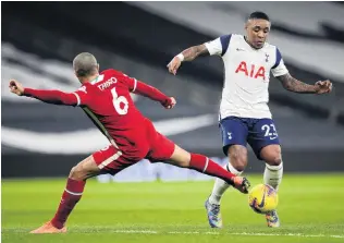  ?? PHOTO: GETTY IMAGES ?? Liverpool’s Thiago Alcantara tackles Tottenham Hotspur’s Steven Bergwijn during an English Premier League game at Tottenham Hotspur Stadium in London yesterday.