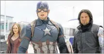 ?? DISNEY / MARVEL CONTRIBUTE­D BY ?? Chris Evans (Captain America, center) shares a scene with Elizabeth Olsen and Sebastian Stan in “Captain America: Civil War.” A trending topic on Twitter wants the captain to get a boyfriend.