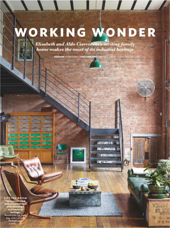  ??  ?? sitting room the exposed brick walls are a reminder of the building’s architectu­ral heritage. Boucle jute rug, from £95, John Lewis &amp; Partners, has a similar look