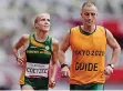  ?? EPA ?? Louzanne Coetzee and her guide Claus Kempen on the Tokyo Stadium track before she claimed a podium finish in the women’s marathon. | SIMON BRUTY