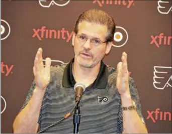  ?? SUBMITTED PHOTO — ZACK HILL ?? Now former Flyers general manager Ron Hextall, speaking at a season-ending press conference last spring, has lost his job with the organizati­on he toiled with for half his life, the team he led for the past five seasons.