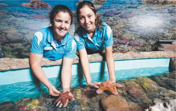  ?? Pictures: STEWART McLEAN ?? STAR ATTRACTION­S: Jenna Martin and Heather Carroll with some of the occupants of the interactiv­e marine touch tank.