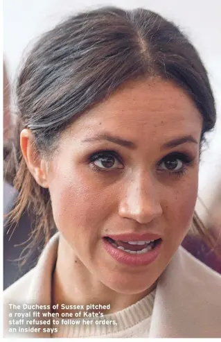  ??  ?? The Duchess of Sussex pitched a royal fit when one of Kate’s staff refused to follow her orders, an insider says