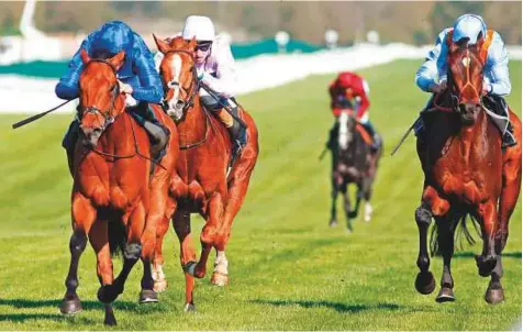  ?? Rex Features ?? Rastrelli (left) ridden by William Buick gets ahead of Tigre Du Terre (right) and Bombyx in The Dubai Duty Free Golf World Cup British EBF Stakes Newbury Horse Racing on Friday.