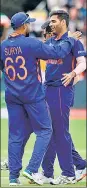  ?? AFP ?? Bhuvneshwa­r Kumar (right) took 1/16 in 3 overs in the first T20I against Ireland on Sunday.