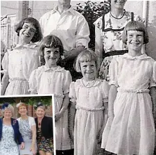  ??  ?? Fab four (above from left): Theresa, Kate, Dorothy and Pauline with their parents Raymond and Veronica in 1957. Inset (from left): Dorothy, Theresa, Kate and Pauline today