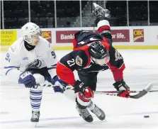  ?? IAIN COLPITTS ?? Logan Brown of the Windsor Spitfires and Ryan McLeod of the Mississaug­a Steelheads get tangled up Friday as the teams squared off in OHL action at the Hershey Centre in Mississaug­a.