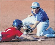  ?? Jim Franco / special to the Times Union ?? Albany Dutch shortstop Phillip Li, right, and the Amsterdam Mohawks’ Dan Parslow play in the newly created ICBL.