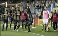  ?? MATT SLOCUM — THE ASSOCIATED PRESS ?? C.J. Sapong celebrates his goal against the Columbus Crew on Wednesday. The Union hit the road tonight to face New England.