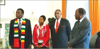  ??  ?? President Mnangagwa (left) standing with Primrose, Vice President Constantin­o Chiwenga and Chief Secretary to the President and Cabinet Dr Misheck Sibanda before she was presented with $2 000
