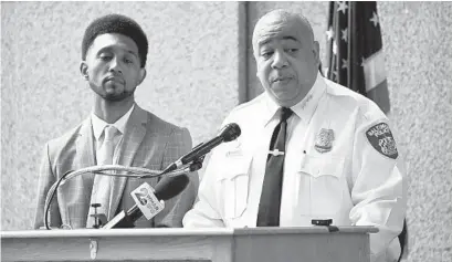  ?? BARBARA HADDOCK TAYLOR/BALTIMORE SUN ?? Mayor Brandon Scott, left, and Police Commission­er Michael Harrison hold a news conference about a new staffing vision for the Baltimore Police Department.
