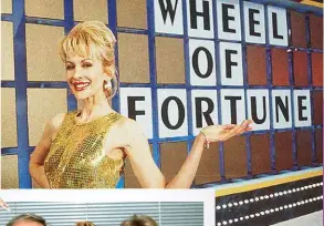 ??  ?? Left and below: Troubled TV personalit­y Adriana Xenides wore George Gross &amp; Harry Who designs during her time on Wheel of Fortune.
