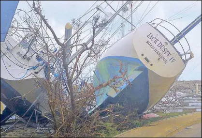  ??  ?? Boats in Tortola in the British Virgin Islands are washed ashore by Hurricane Irma as Cuba’s northern coast Friday on a course toward Florida. it scraped