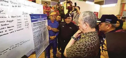  ?? (Foto BERNAMA) ?? Timbalan Perdana Menteri, Datuk Seri Fadillah Yusof mendengar taklimat mengenai banjir ketika melawat PPS Kampung Segedup, Kuching, semalam.