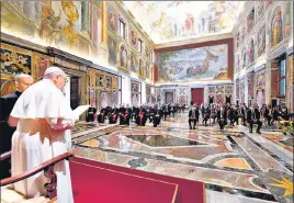  ?? AP ?? Pope Francis addresses doctors and nurses from Italy’s Lombardy region, at the Vatican on Saturday.
