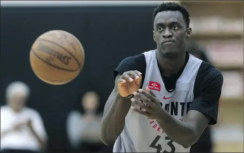  ?? JACK BOLAND/TORONTO SUN ?? Raptors forward Pascal Siakam prepares to catch a pass during practice at BioSteel Centre yesterday ahead of Game 2.