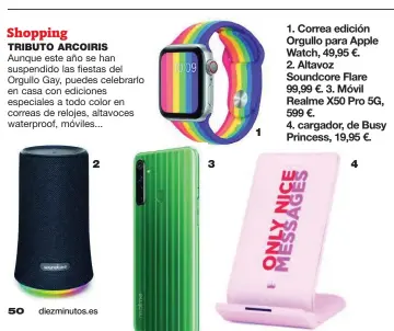  ??  ?? 1. Correa edición Orgullo para Apple Watch, 49,95 €.
2. Altavoz Soundcore Flare 99,99 €. 3. Móvil Realme X50 Pro 5G, 599 €.
4. cargador, de Busy Princess, 19,95 €.