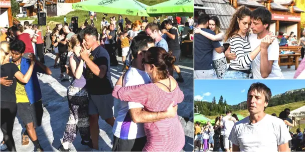  ?? — AFP photos by Savo Prelevic ?? (Clockwise from top left) Couples dance tango during a Tango camp near the town of Kolasin in the heart of Montenegro’s rugged north on Aug 4. Couples twist across the wood floor to the melancholy sounds of tango, swaying and swivelling in step until the sun goes down. This hours-long dance session, known as a milonga, is not a night in a Buenos Aires salon but at the base of a ski-slope in a small Montenegri­n town that has become an unlikely host to a thriving tango scene. • Montenegri­n Darko Dozic, 36, who brought the Latin dance to his hometown, talks to AFP journalist during a Tango camp near the town of Kolasin in the heart of Montenegro’s rugged north.