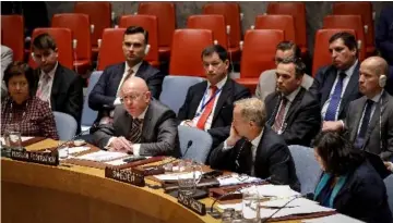  ?? — Reuters photo ?? Nebenzia speaks during a United Nations Security Council meeting about a chemical attack on former Russian spy Sergei Skripal and his daughter using a military-grade nerve agent at the UN headquarte­rs in New York City.