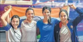  ?? PTI ?? India's Sunayna Kuruvilla, Dipika Pallikal, Joshna Chinappa, Tanvi Khanna after beating Malaysia.