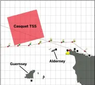  ??  ?? Casquet TSS
Guernsey
Alderney
Left: in this example the optimum final approach to Cherbourg is north of Alderney
