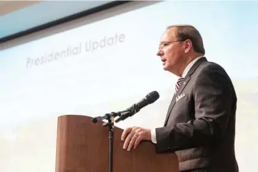  ??  ?? MSU President Mark E. Keenum provides a campus update during the fall general faculty meeting at the Hunter Henry Center. (Photo by Megan Bean, MSU)