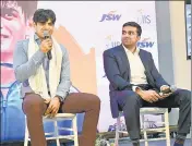  ??  ?? Parth Jindal (R) and Neeraj Chopra at the latter’s felicitati­on ceremony at the Inspire Institute of Sports.