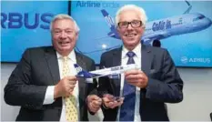 ??  ?? JOHN LEAHY, AIRBUS COO CUSTOMERS, AND GOAIR CEO WOLFGANG PROCK-SCHAUER ANNOUNCE MOU FOR 72 MORE A320NEO JETLINERS