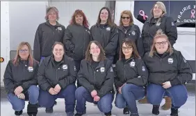  ??  ?? The 10 riders in the 2019 Prairie Women on Snowmobile­s stopped for a photo before a noon fundraisin­g luncheon hosted by the Swift Current Fraternal Order of Eagles #1728.