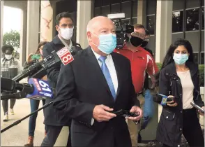  ?? Ned Gerard / Hearst Connecticu­t Media ?? Former Police Chief Armando Perez makes a statement in front of the Federal Courthouse in Bridgeport on Oct. 5, 2020.