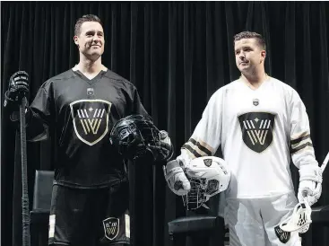  ?? JASON PAYNE/PNG FILES ?? Warriors Aaron Bold, left, and Logan Schuss, shown at a September event announcing the rebranding of the franchise, won’t attend training camp until the players reach a new collective agreement with the National Lacrosse League.