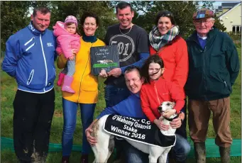  ??  ?? Pat Hughes is pictured here after his dog Doonalbion won the Trial Stakes at Kilflynn Coursing last Sunday. Photo by David O’Sullivan